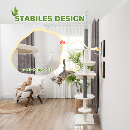 Ceiling High Scratching Post, Cat Tree, 225-255 cm Cat Scratching Post with Hammocks, Scratching Posts, Basket, Play Ball, Cat Furniture with Tipping Protection, White