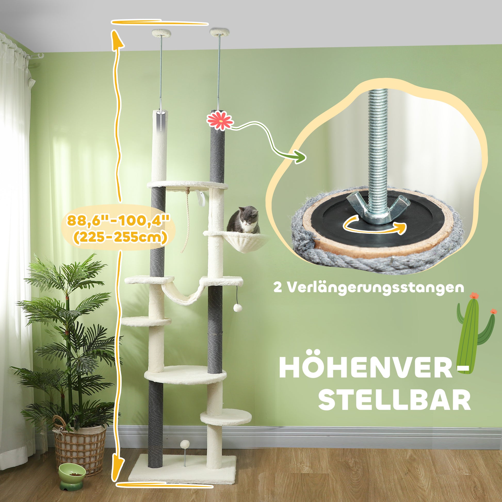 Ceiling High Scratching Post, Cat Tree, 225-255 cm Cat Scratching Post with Hammocks, Scratching Posts, Basket, Play Ball, Cat Furniture with Tipping Protection, White