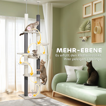 Ceiling High Scratching Post, Cat Tree, 225-255 cm Cat Scratching Post with Hammocks, Scratching Posts, Basket, Play Ball, Cat Furniture with Tipping Protection, White
