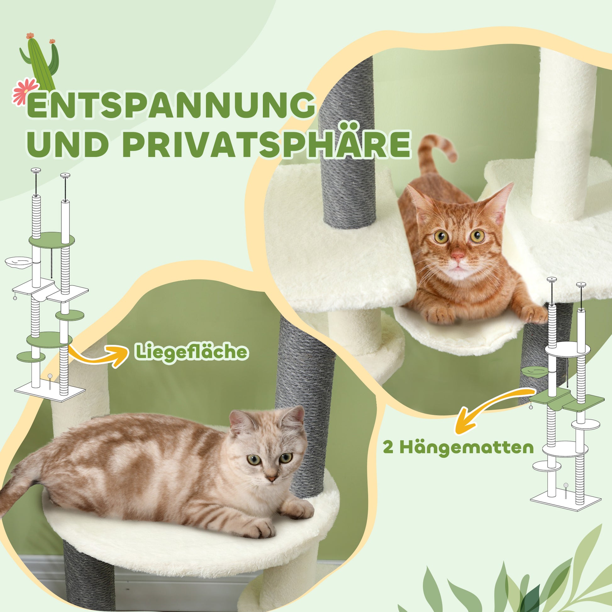 Ceiling High Scratching Post, Cat Tree, 225-255 cm Cat Scratching Post with Hammocks, Scratching Posts, Basket, Play Ball, Cat Furniture with Tipping Protection, White