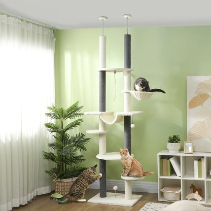 Ceiling High Scratching Post, Cat Tree, 225-255 cm Cat Scratching Post with Hammocks, Scratching Posts, Basket, Play Ball, Cat Furniture with Tipping Protection, White