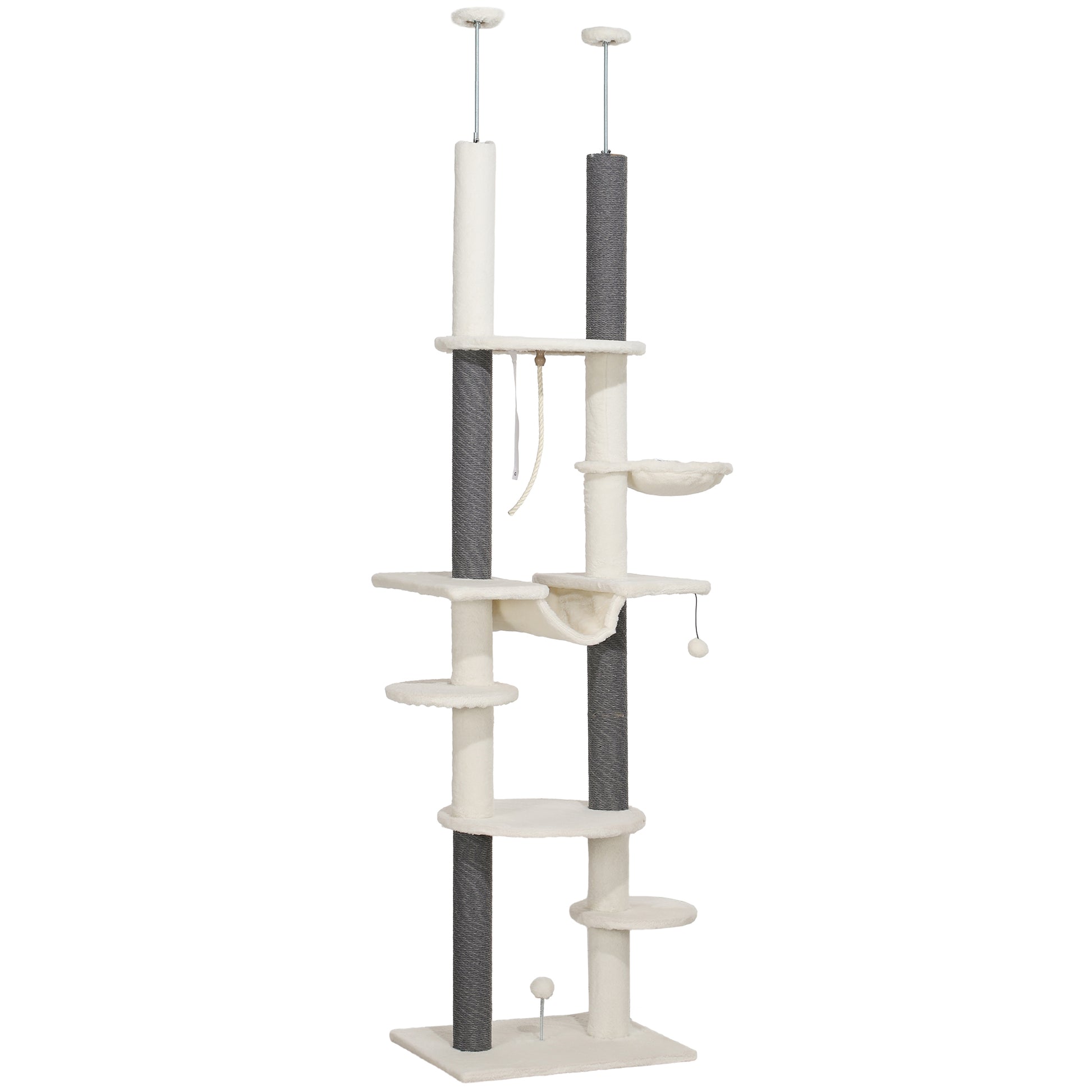 Ceiling High Scratching Post, Cat Tree, 225-255 cm Cat Scratching Post with Hammocks, Scratching Posts, Basket, Play Ball, Cat Furniture with Tipping Protection, White