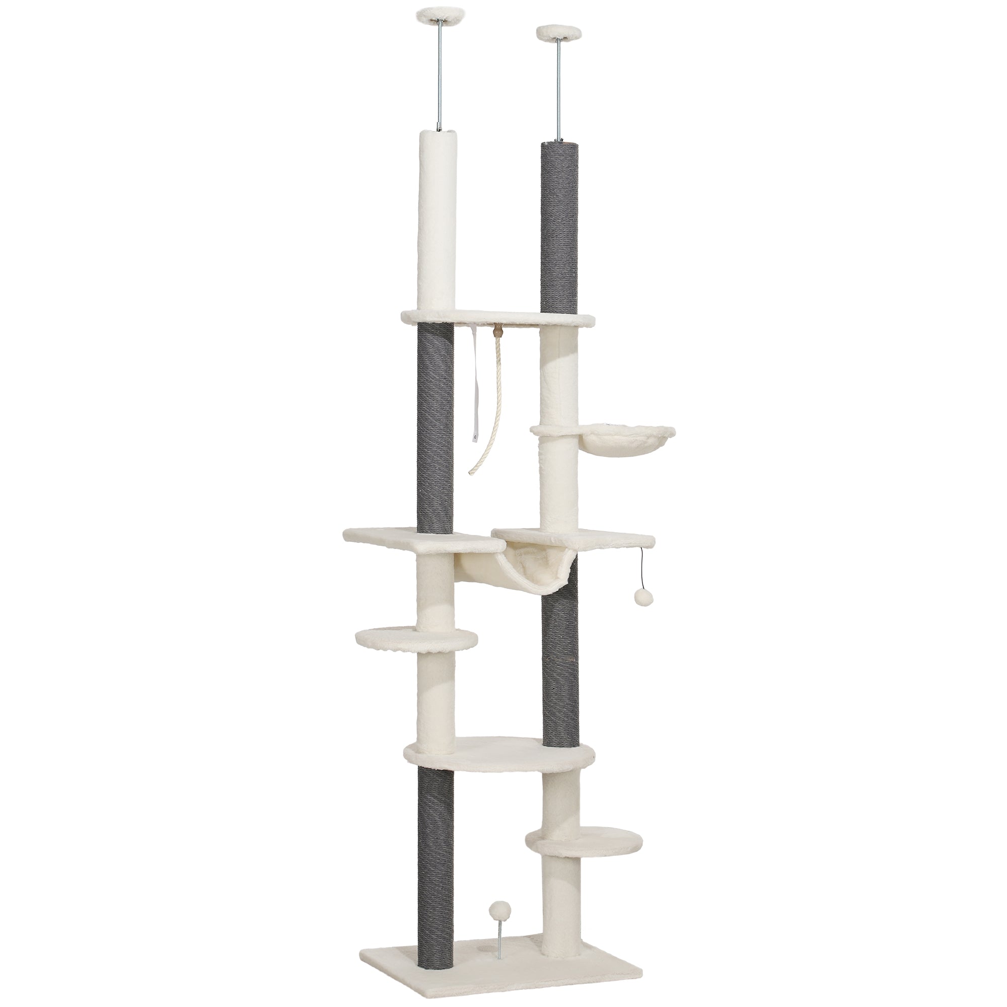 Ceiling High Scratching Post, Cat Tree, 225-255 cm Cat Scratching Post with Hammocks, Scratching Posts, Basket, Play Ball, Cat Furniture with Tipping Protection, White