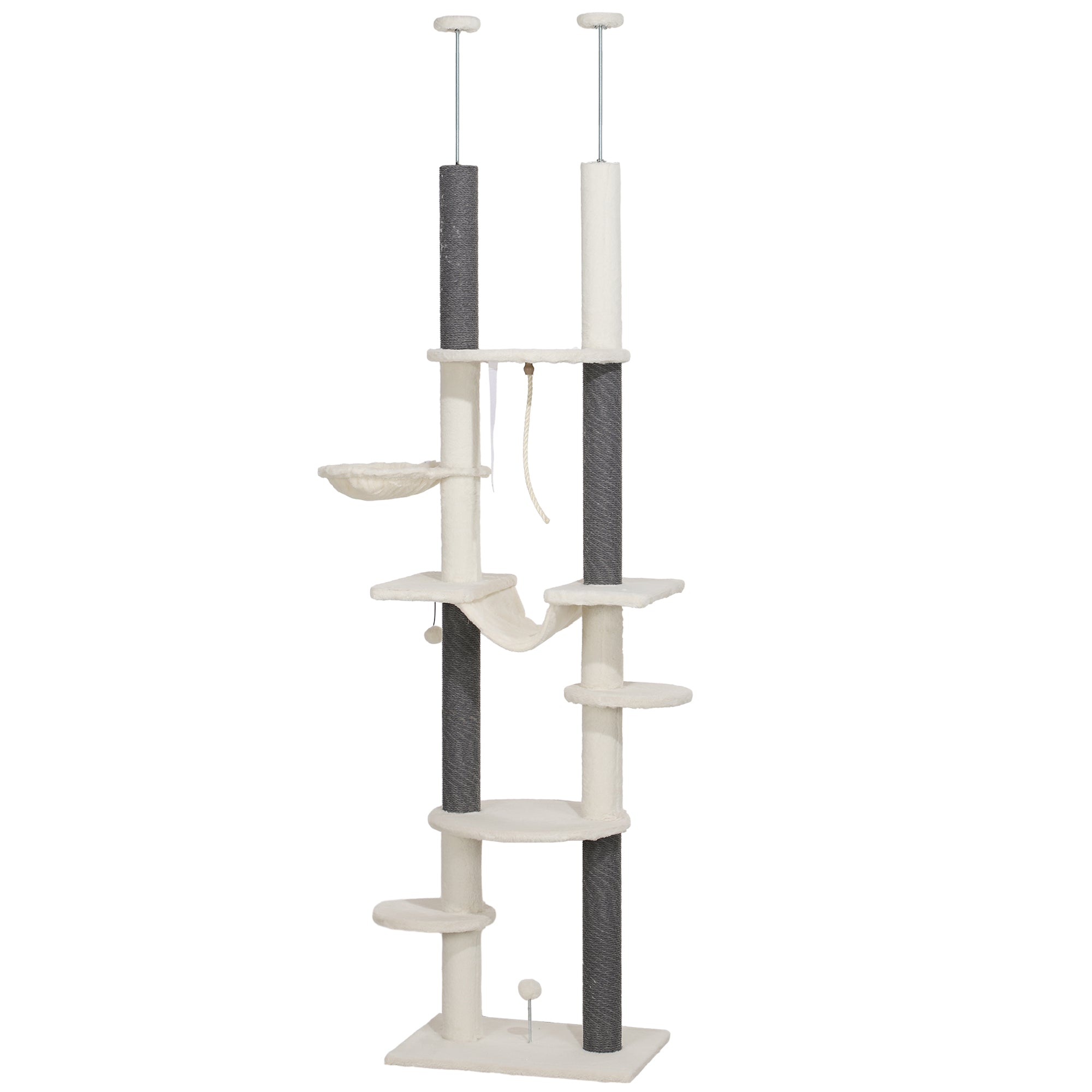 Ceiling High Scratching Post, Cat Tree, 225-255 cm Cat Scratching Post with Hammocks, Scratching Posts, Basket, Play Ball, Cat Furniture with Tipping Protection, White