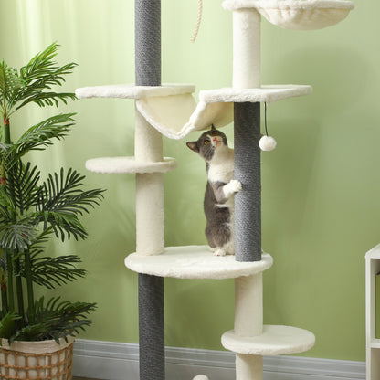 Ceiling High Scratching Post, Cat Tree, 225-255 cm Cat Scratching Post with Hammocks, Scratching Posts, Basket, Play Ball, Cat Furniture with Tipping Protection, White