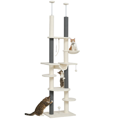 Ceiling High Scratching Post, Cat Tree, 225-255 cm Cat Scratching Post with Hammocks, Scratching Posts, Basket, Play Ball, Cat Furniture with Tipping Protection, White