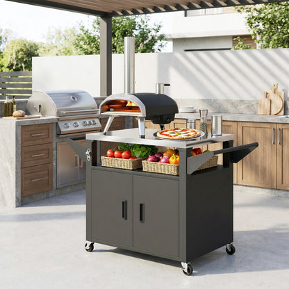 Kitchen Cart with Wheels, Serving Trolley with Cabinet, Handles, Kitchen Helper — BBQ Grill Table with Stainless Steel Top, 46.1 x 21.7 x 30.7 in, Black