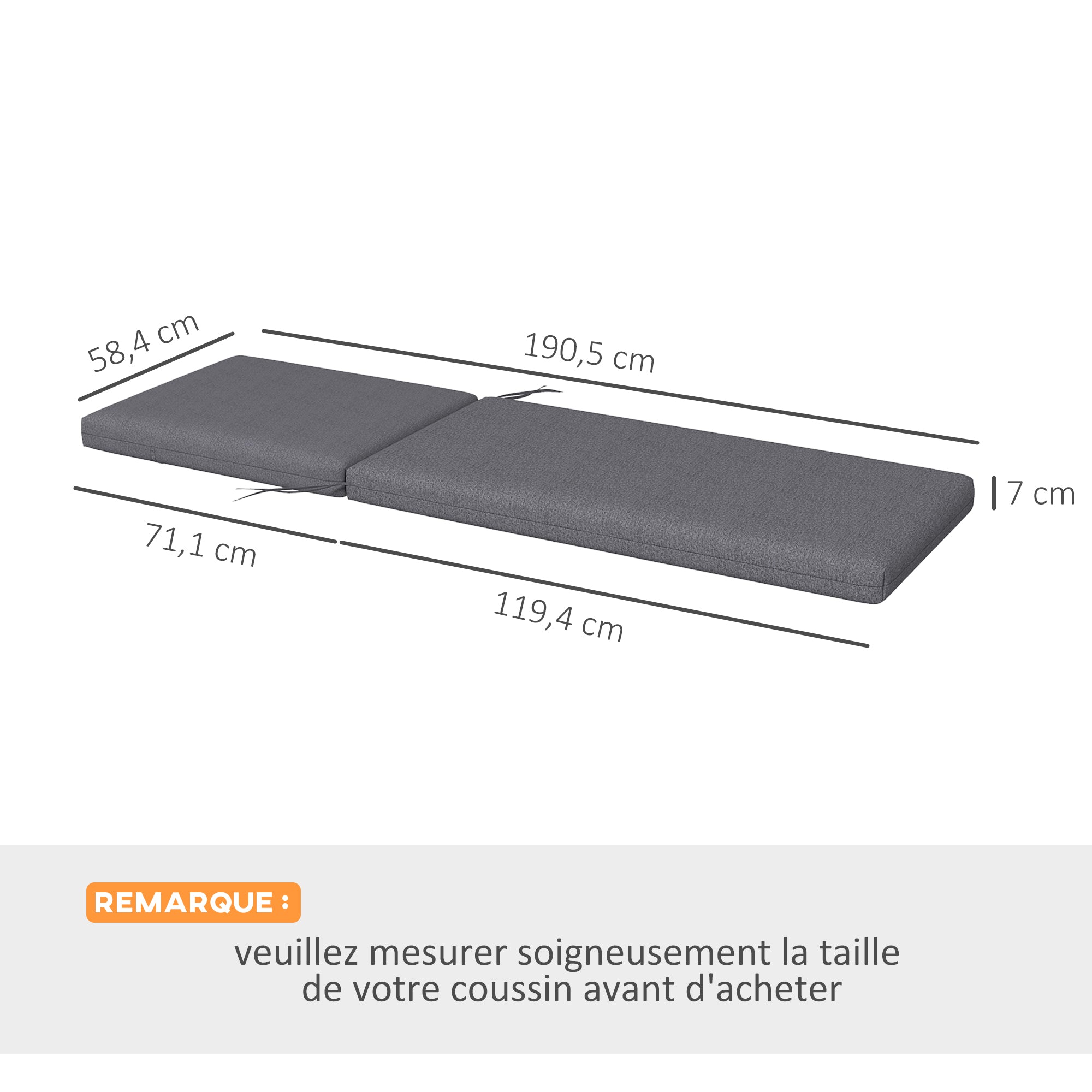 Set of 2 Sun Lounger Seat Cushions with Attachment Straps for Garden - 190.5L x 58.4W x 7H cm Gray