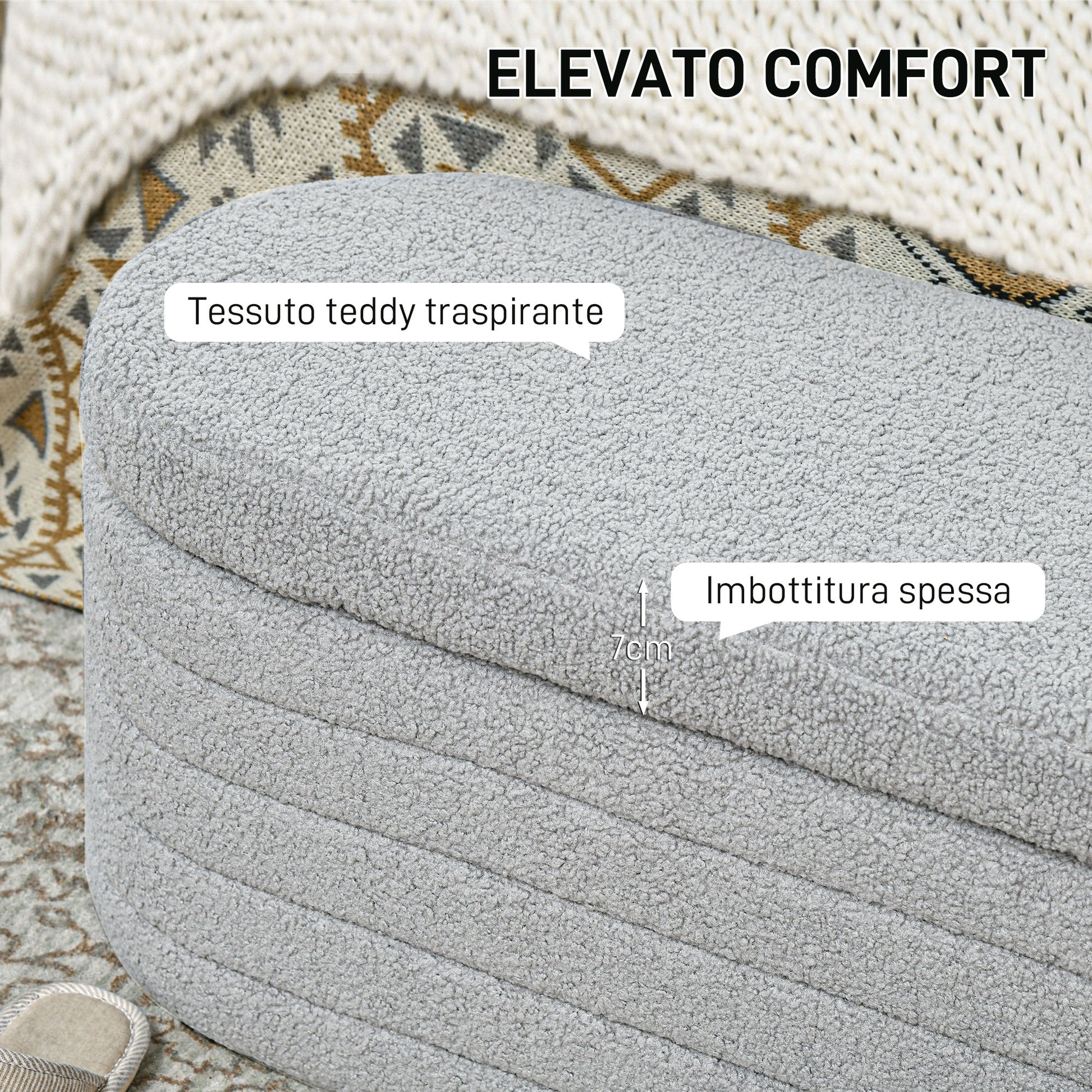 Upholstered Bedroom Bench, Teddy Fabric Storage Bench with Eucalyptus Wood Legs for Entryway, Hallway, and Living Room, 116x41x40.5cm, Light Gray