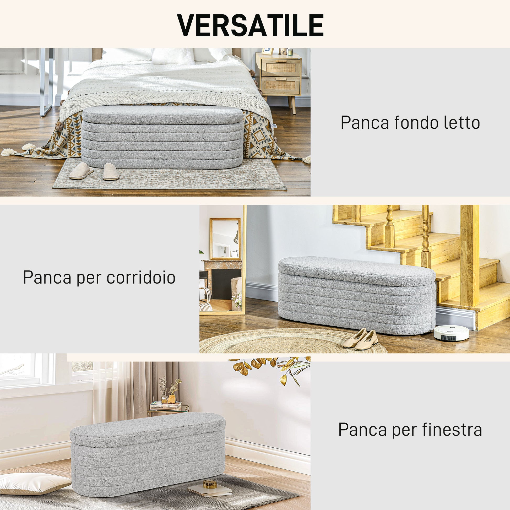 Upholstered Bedroom Bench, Teddy Fabric Storage Bench with Eucalyptus Wood Legs for Entryway, Hallway, and Living Room, 116x41x40.5cm, Light Gray