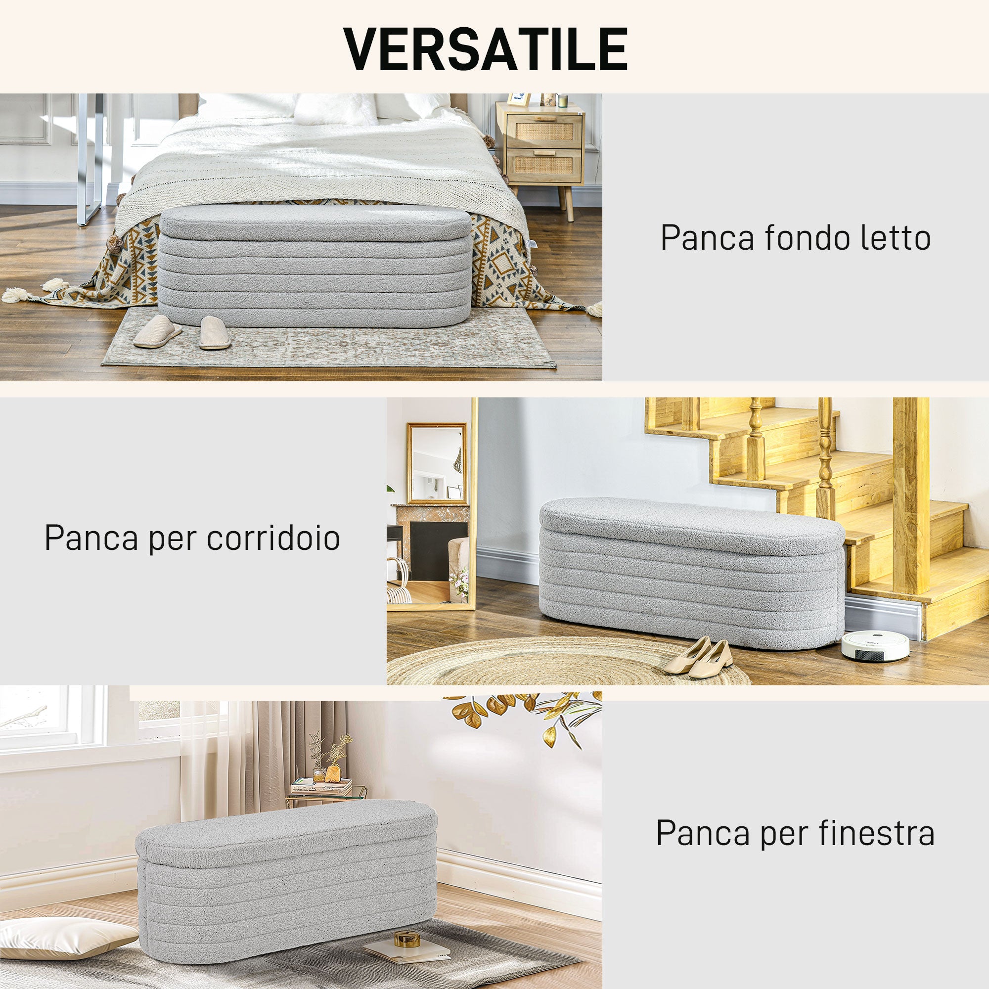 Upholstered Bedroom Bench, Teddy Fabric Storage Bench with Eucalyptus Wood Legs for Entryway, Hallway, and Living Room, 116x41x40.5cm, Light Gray