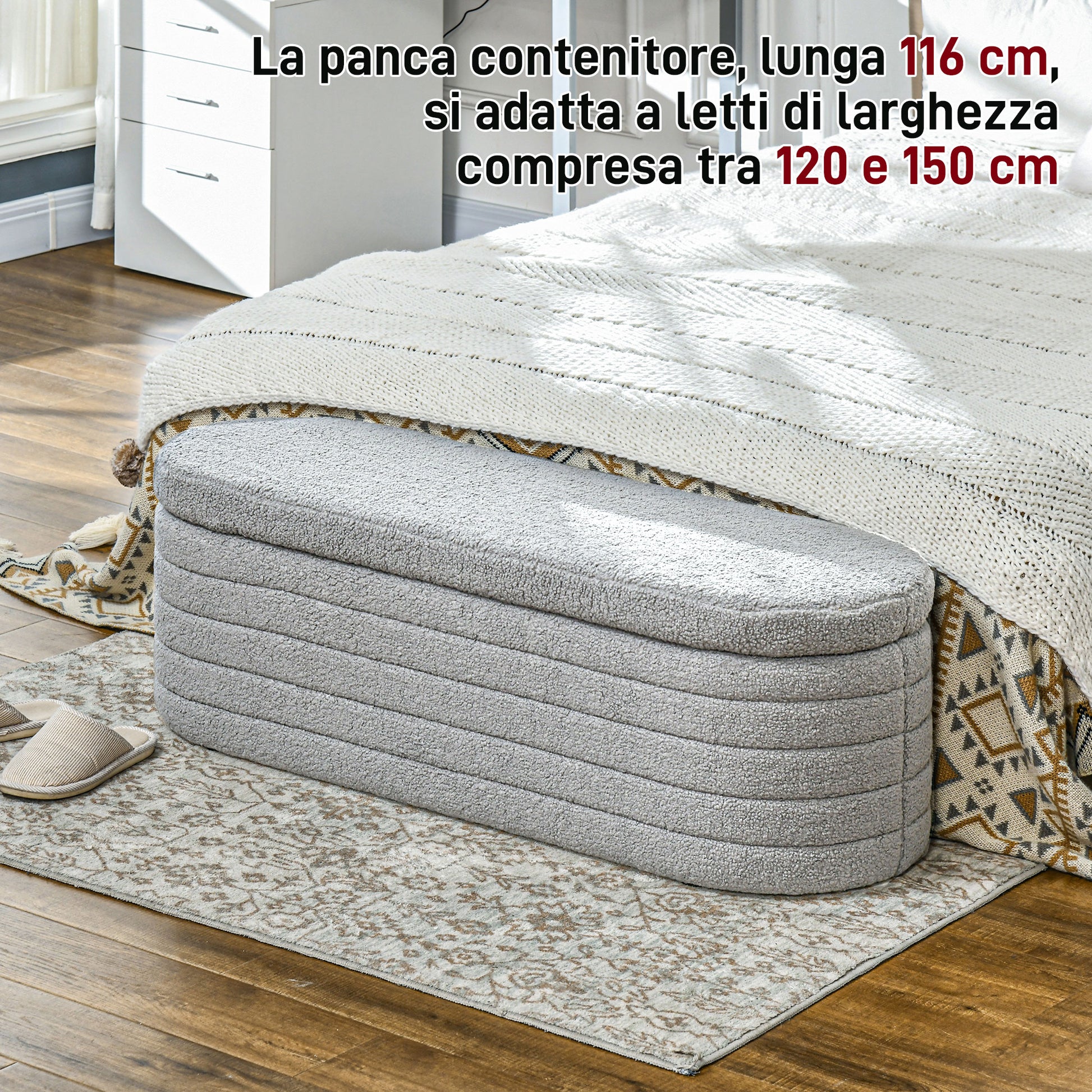 Upholstered Bedroom Bench, Teddy Fabric Storage Bench with Eucalyptus Wood Legs for Entryway, Hallway, and Living Room, 116x41x40.5cm, Light Gray