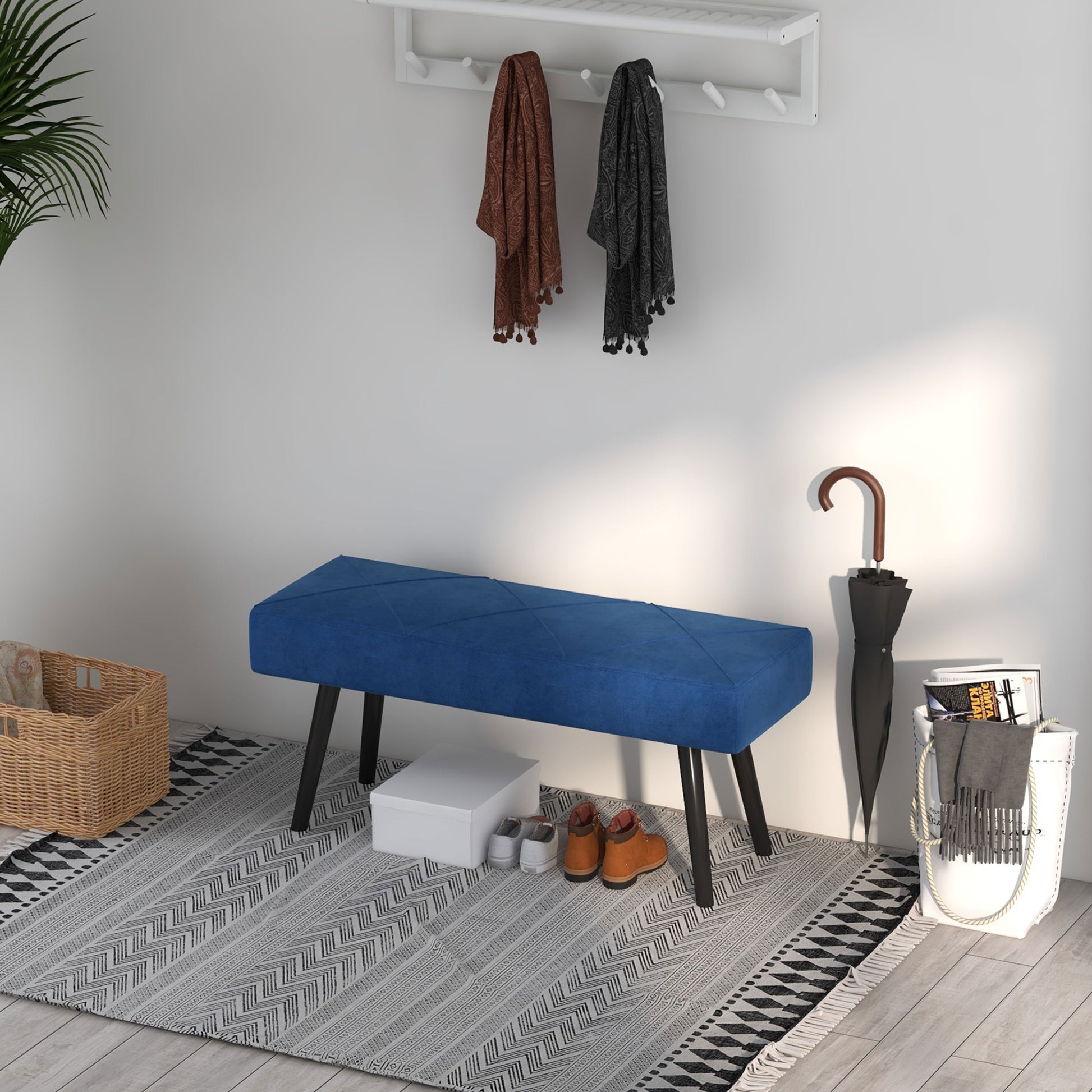 Upholstered Bench in Velvet Look, Bed Bench with X-Pattern, Steel Legs, Shoe Bench for Bedroom, Living Room, Hallway, 100 x 36 x 45 cm, Blue