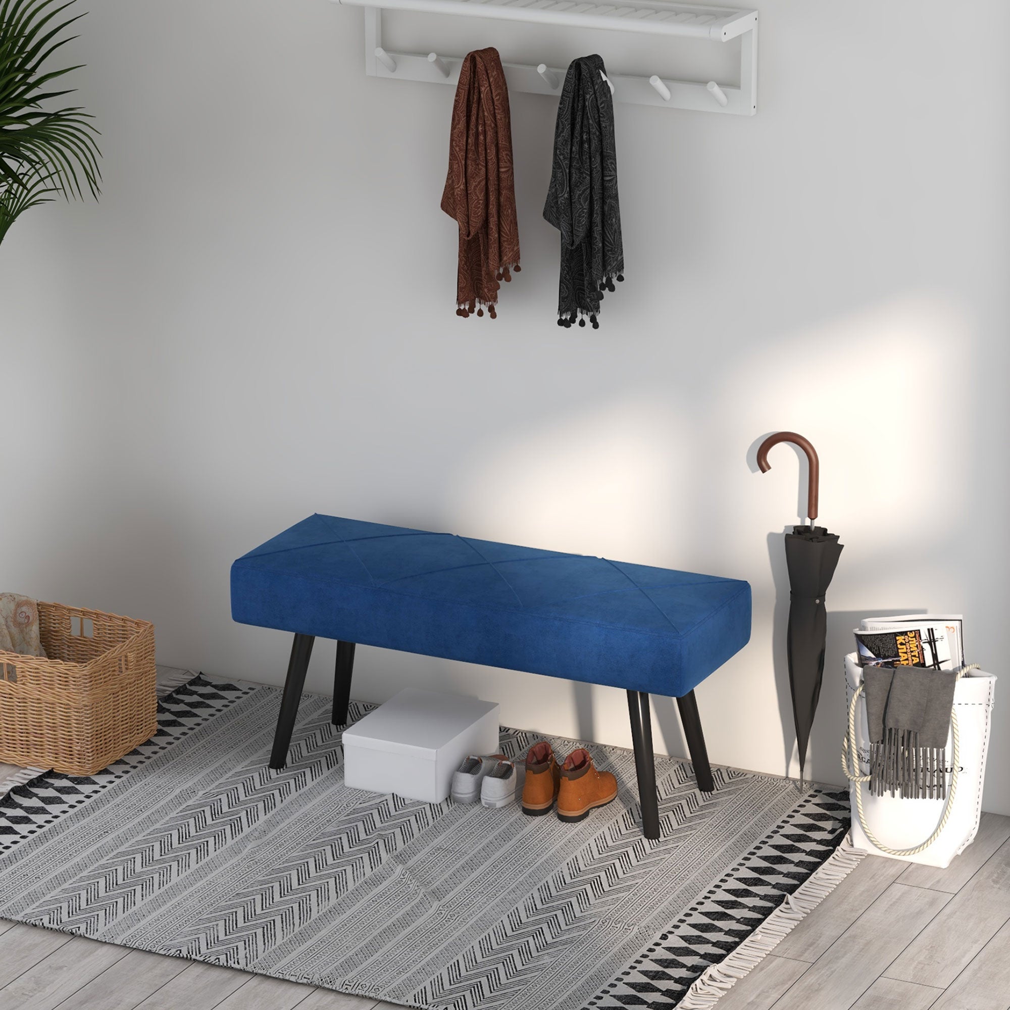 Upholstered Bench in Velvet Look, Bed Bench with X-Pattern, Steel Legs, Shoe Bench for Bedroom, Living Room, Hallway, 100 x 36 x 45 cm, Blue