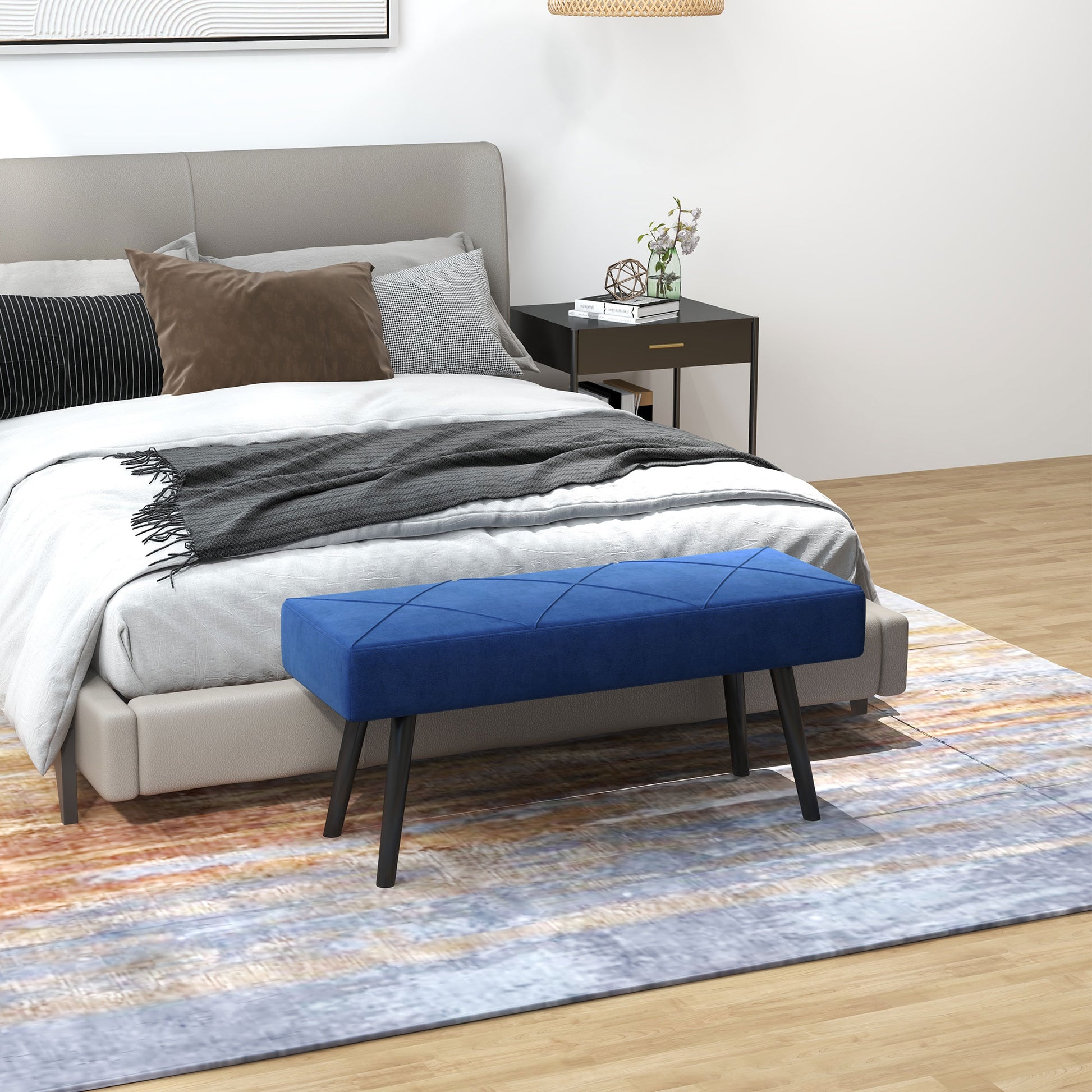 Upholstered Bench in Velvet Look, Bed Bench with X-Pattern, Steel Legs, Shoe Bench for Bedroom, Living Room, Hallway, 100 x 36 x 45 cm, Blue