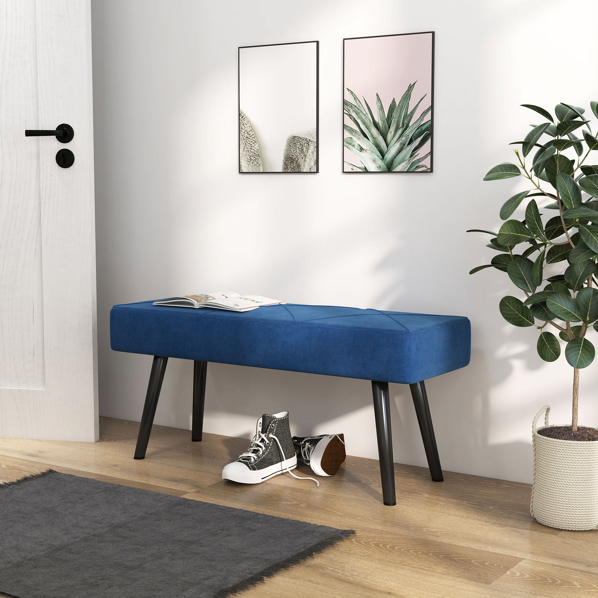 Upholstered Bench in Velvet Look, Bed Bench with X-Pattern, Steel Legs, Shoe Bench for Bedroom, Living Room, Hallway, 100 x 36 x 45 cm, Blue