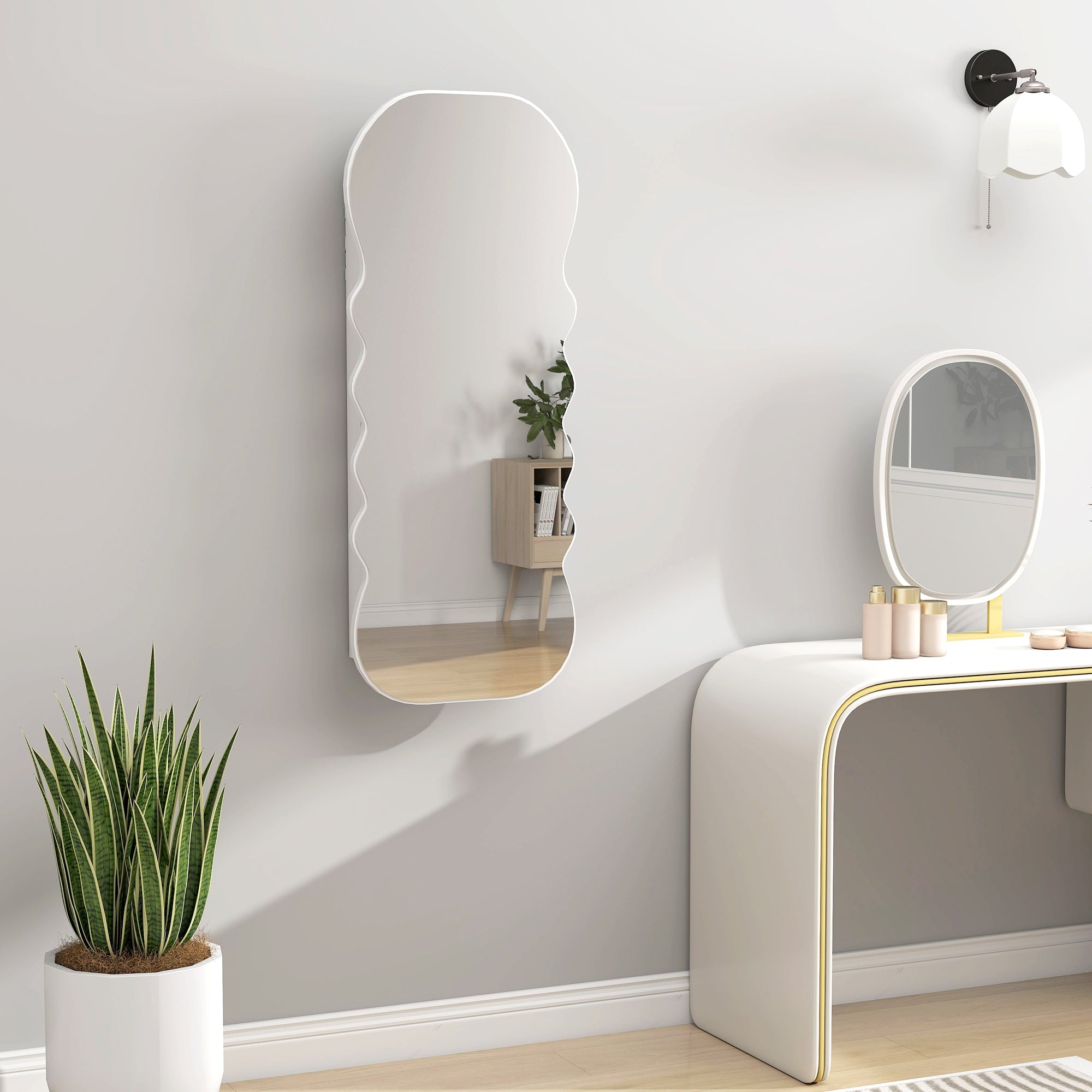 LED Jewelry Mirror with 3-Color Light, Wall- or Door-Mount Jewelry Cabinet with Lock, Full-Length Wavy Design, White