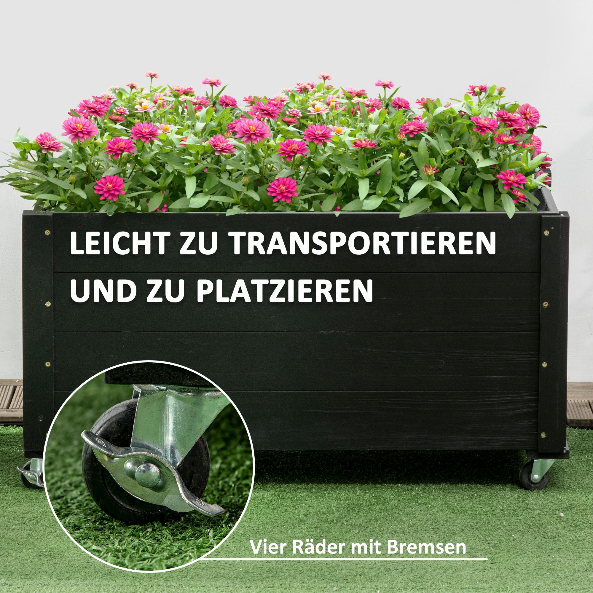 Solid Wood Raised Garden Bed with Wheels, Planting Bed with Rollers, Greenhouse Planter Flower Box, Planting Box Planter 89x48x47cm for Garden, Terrace, Flower Pot for Climbing Plants, Flowers, Black