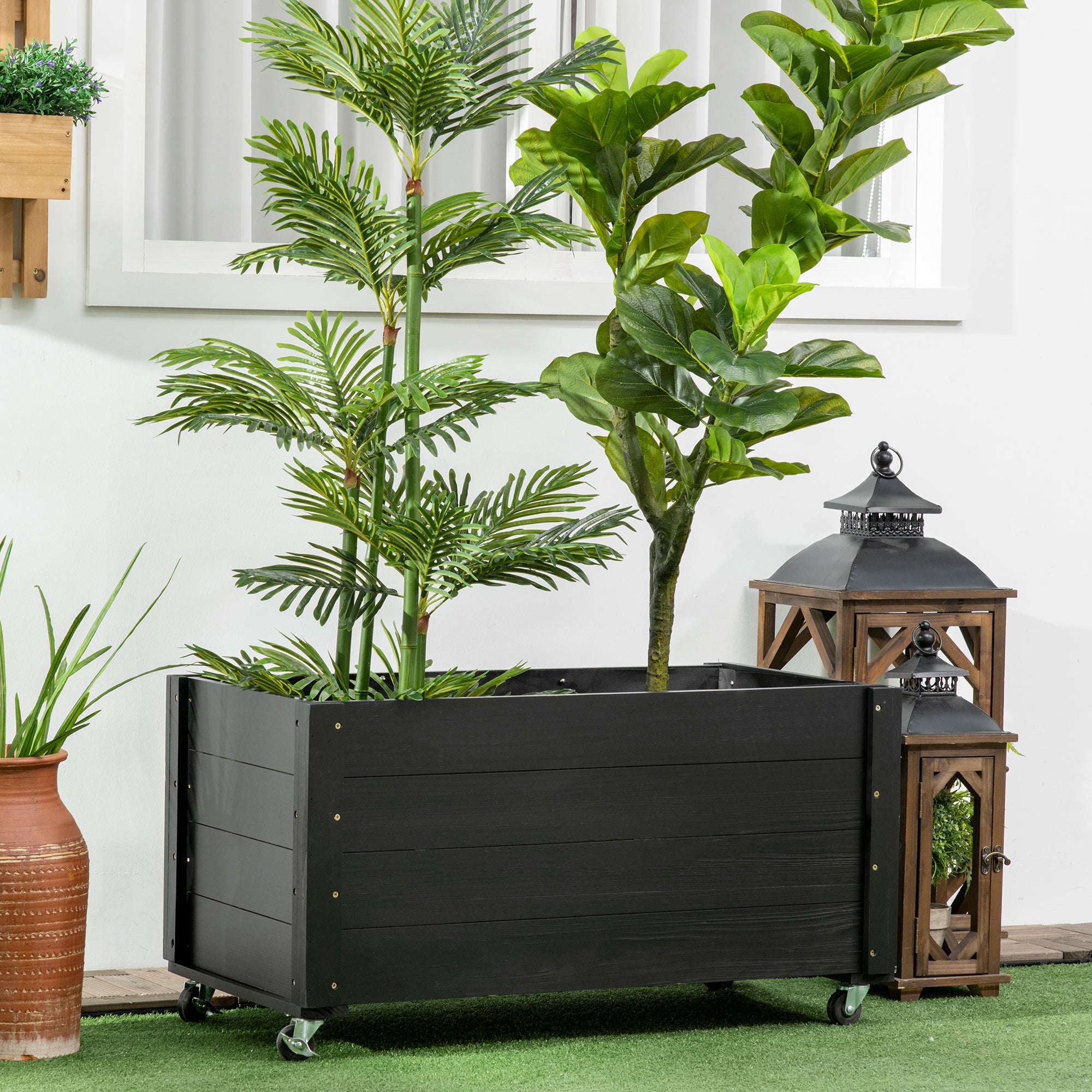 Solid Wood Raised Garden Bed with Wheels, Planting Bed with Rollers, Greenhouse Planter Flower Box, Planting Box Planter 89x48x47cm for Garden, Terrace, Flower Pot for Climbing Plants, Flowers, Black