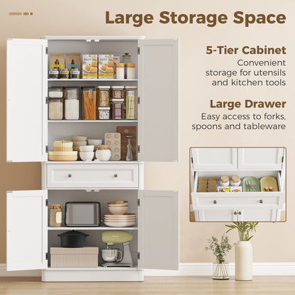73.4" Tall Kitchen Pantry Cabinet, 4-Door Buffet with Drawer & Adjustable Shelves, White - 31.5 x 15.6 x 73.4 in (80 x 39.5 x 186.4 cm)
