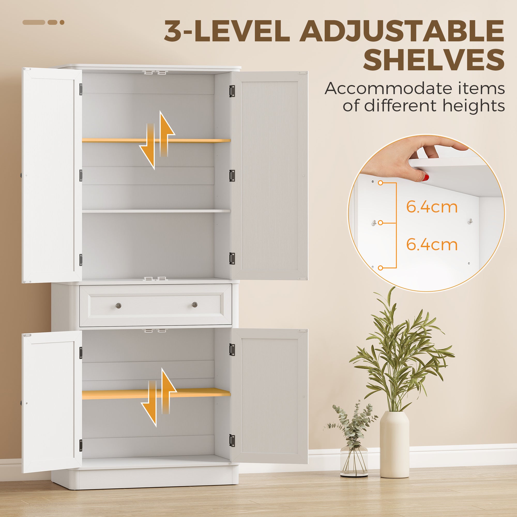 73.4" Tall Kitchen Pantry Cabinet, 4-Door Buffet with Drawer & Adjustable Shelves, White - 31.5 x 15.6 x 73.4 in (80 x 39.5 x 186.4 cm)