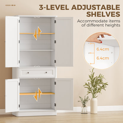 73.4" Tall Kitchen Pantry Cabinet, 4-Door Buffet with Drawer & Adjustable Shelves, White - 31.5 x 15.6 x 73.4 in (80 x 39.5 x 186.4 cm)