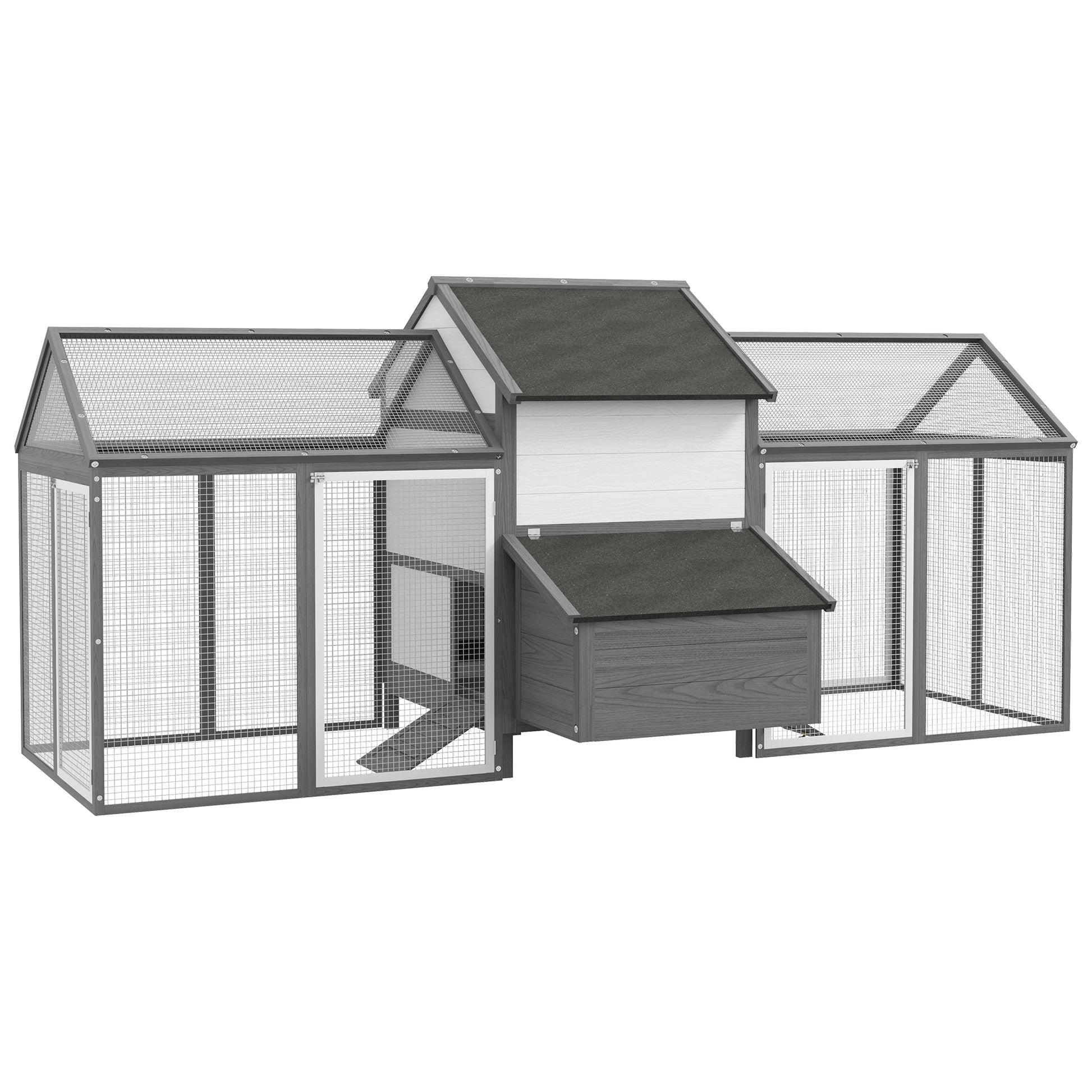 Chicken Coop Wood Chicken House with Nesting Box Poultry Cage with Ramp, Chicken Run with Tray, Gray, 247 x 125 x 113.5 cm