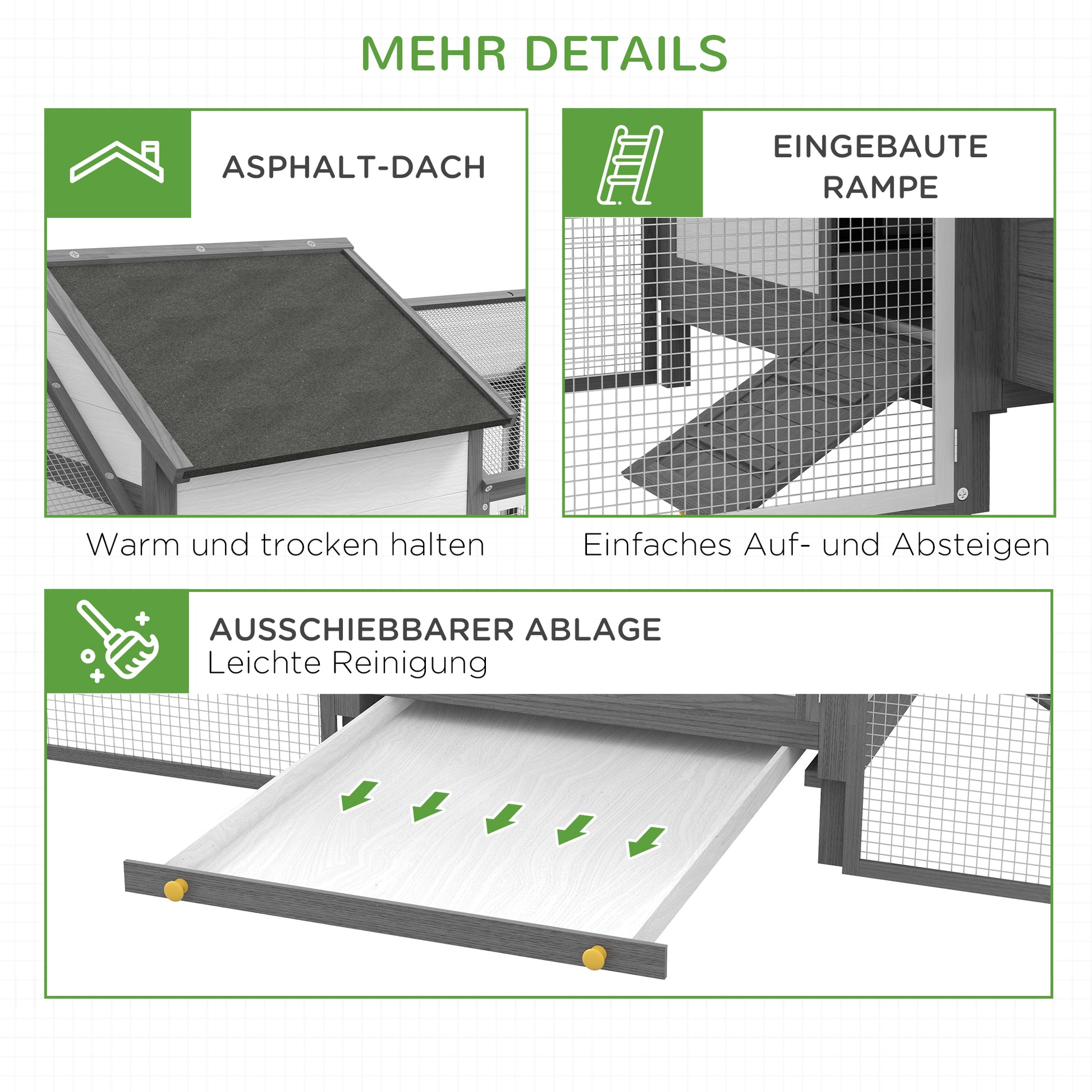 Chicken Coop Wood Chicken House with Nesting Box Poultry Cage with Ramp, Chicken Run with Tray, Gray, 247 x 125 x 113.5 cm