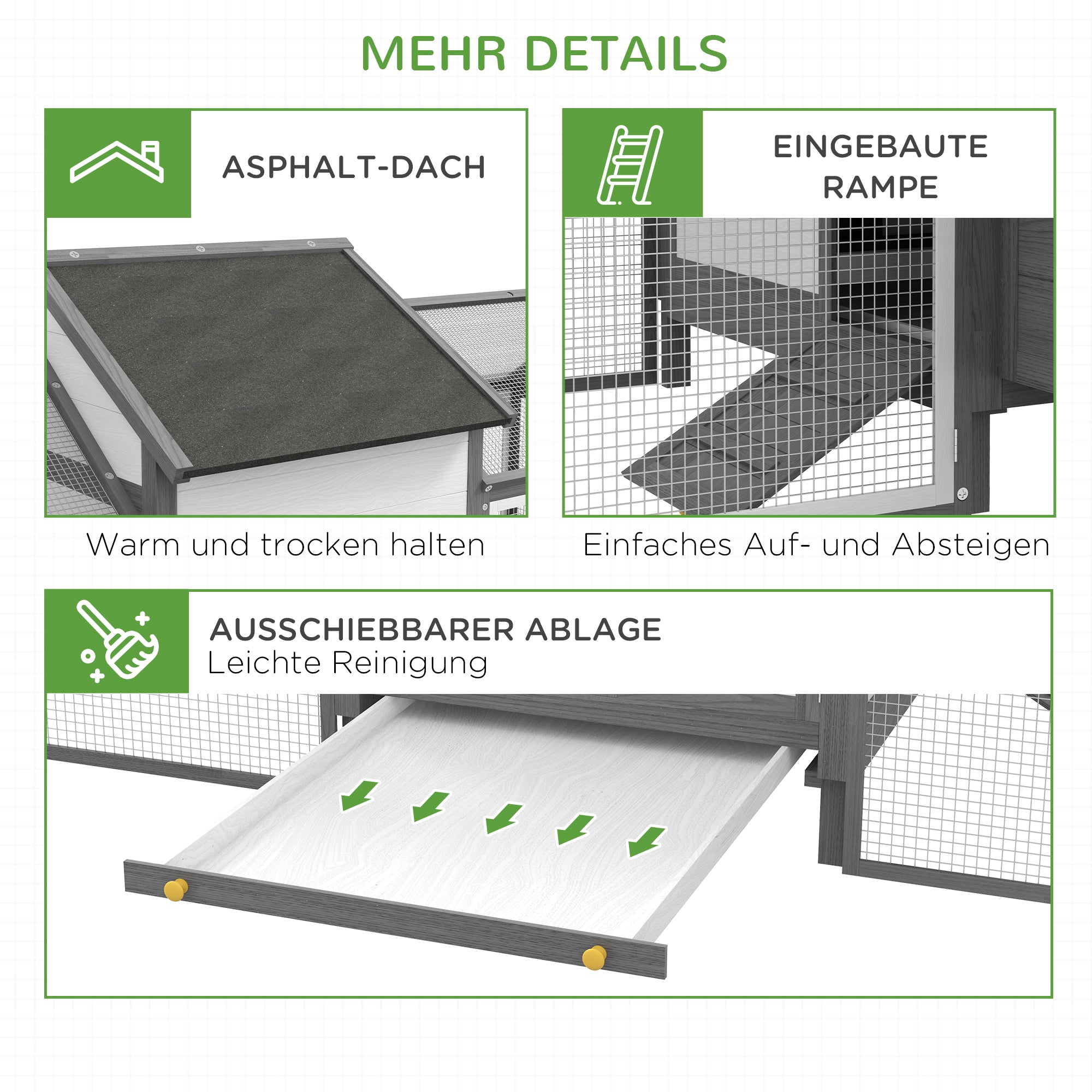 Chicken Coop Wood Chicken House with Nesting Box Poultry Cage with Ramp, Chicken Run with Tray, Gray, 247 x 125 x 113.5 cm