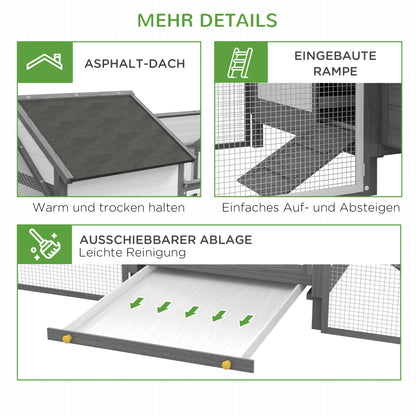 Chicken Coop Wood Chicken House with Nesting Box Poultry Cage with Ramp, Chicken Run with Tray, Gray, 247 x 125 x 113.5 cm