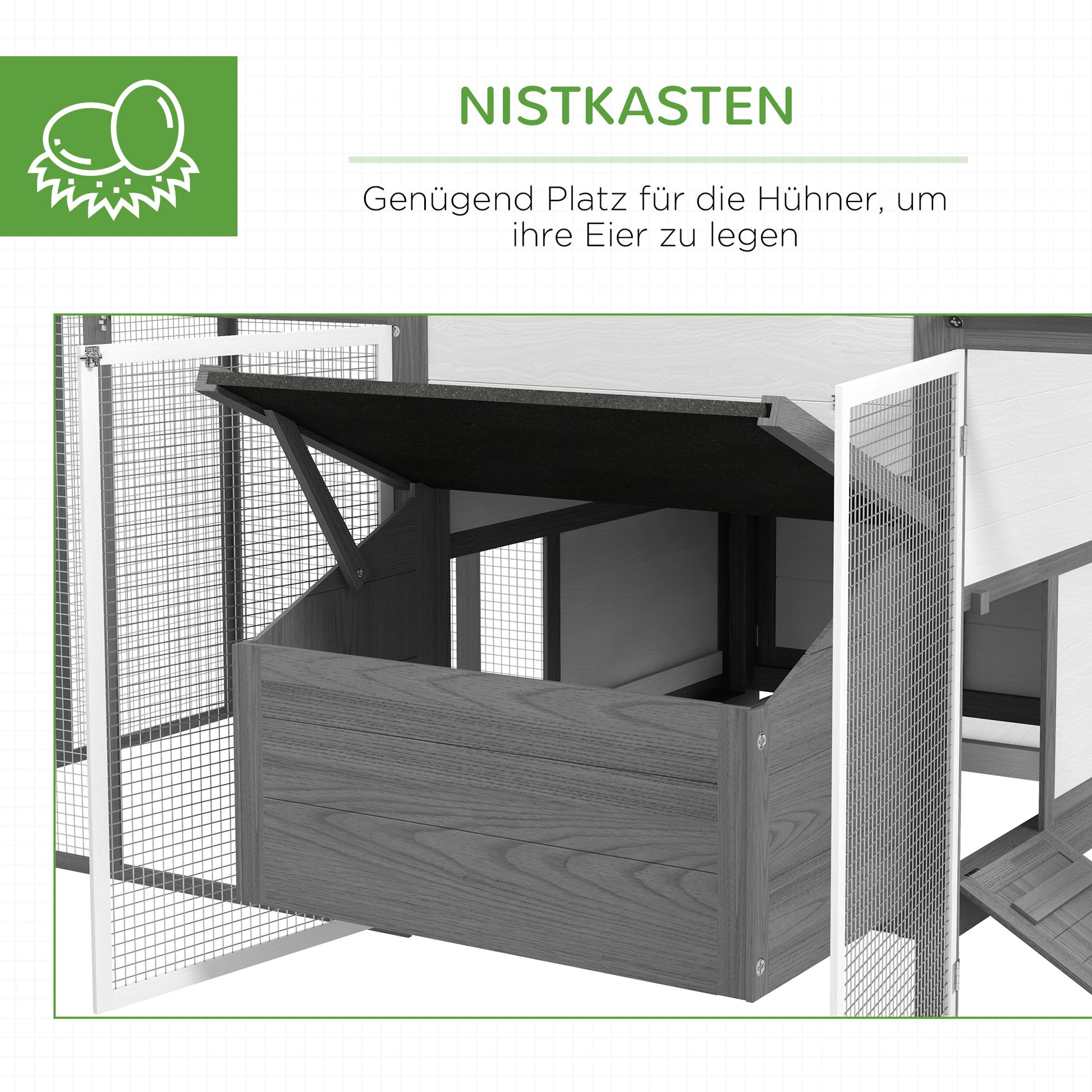 Chicken Coop Wood Chicken House with Nesting Box Poultry Cage with Ramp, Chicken Run with Tray, Gray, 247 x 125 x 113.5 cm
