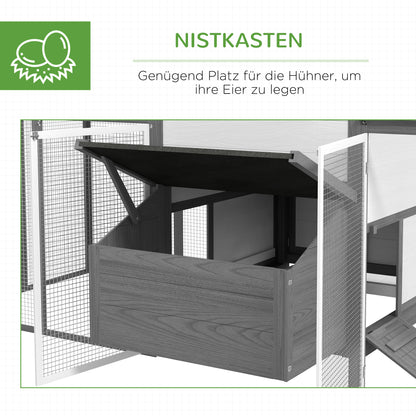 Chicken Coop Wood Chicken House with Nesting Box Poultry Cage with Ramp, Chicken Run with Tray, Gray, 247 x 125 x 113.5 cm