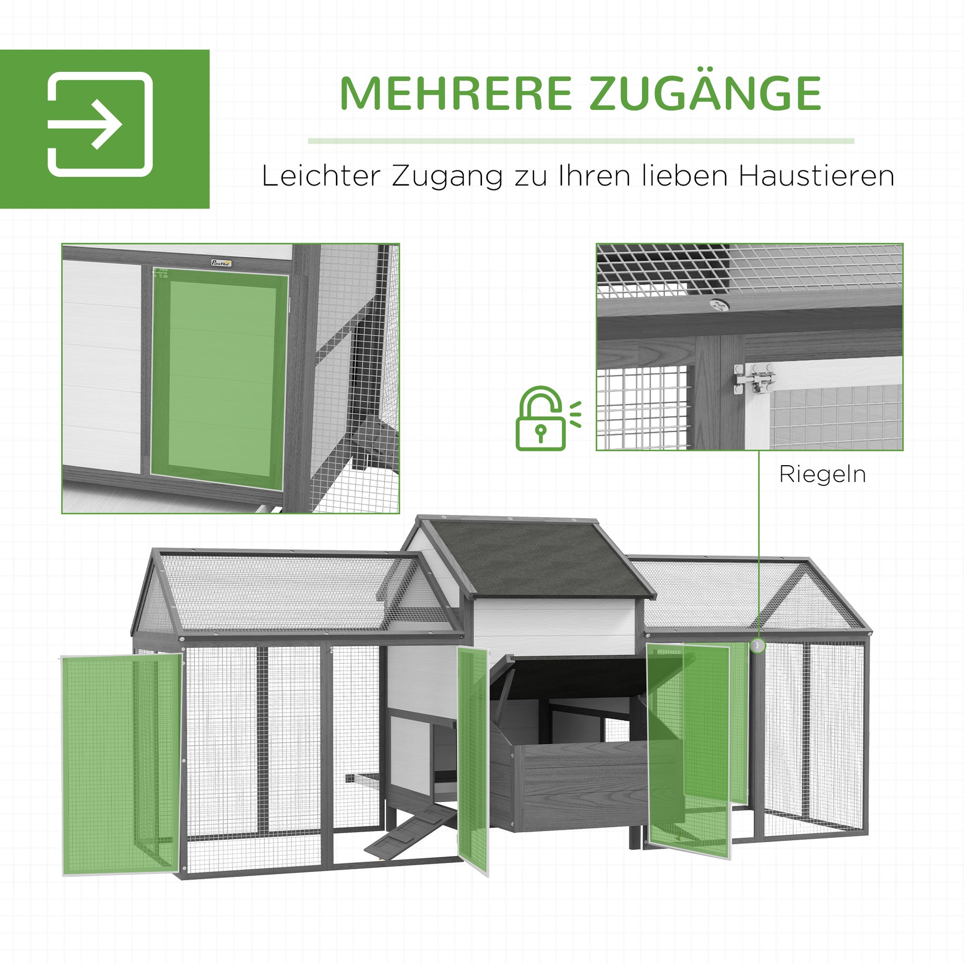 Chicken Coop Wood Chicken House with Nesting Box Poultry Cage with Ramp, Chicken Run with Tray, Gray, 247 x 125 x 113.5 cm