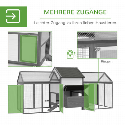 Chicken Coop Wood Chicken House with Nesting Box Poultry Cage with Ramp, Chicken Run with Tray, Gray, 247 x 125 x 113.5 cm