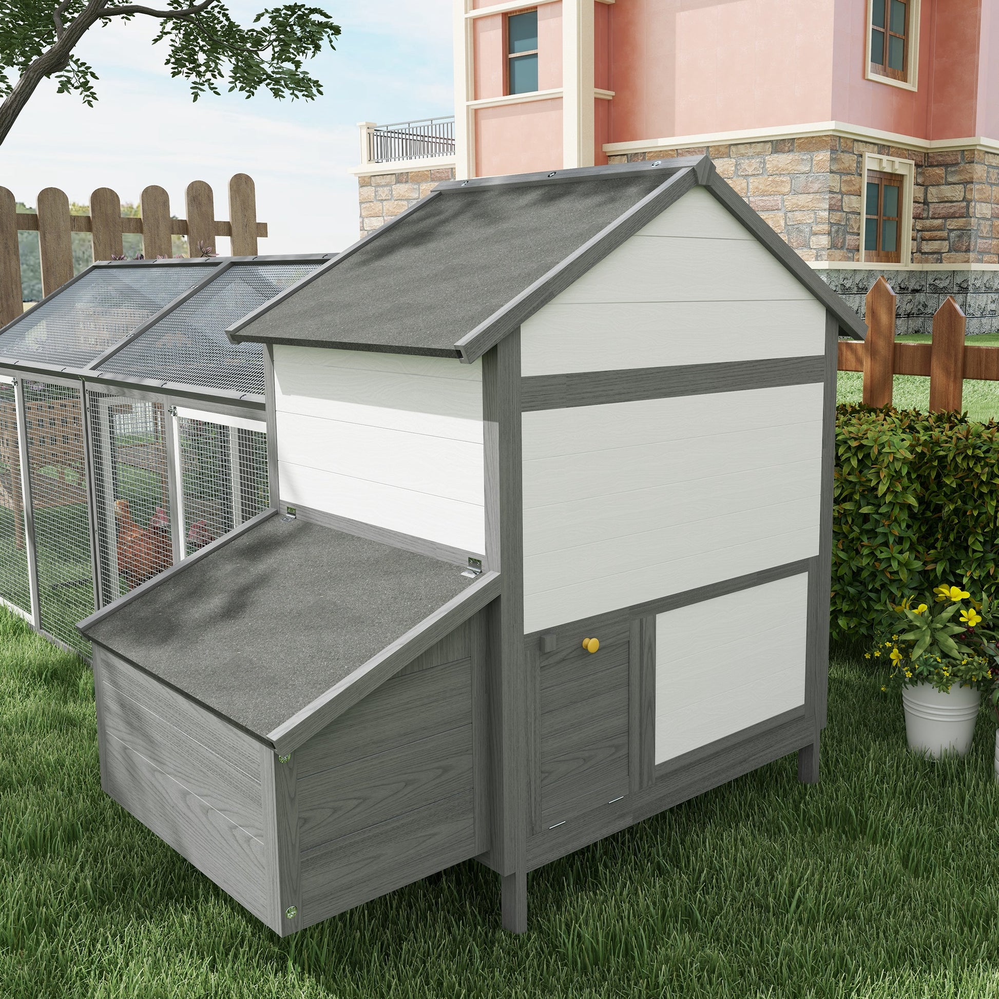 Chicken Coop Wood Chicken House with Nesting Box Poultry Cage with Ramp, Chicken Run with Tray, Gray, 247 x 125 x 113.5 cm