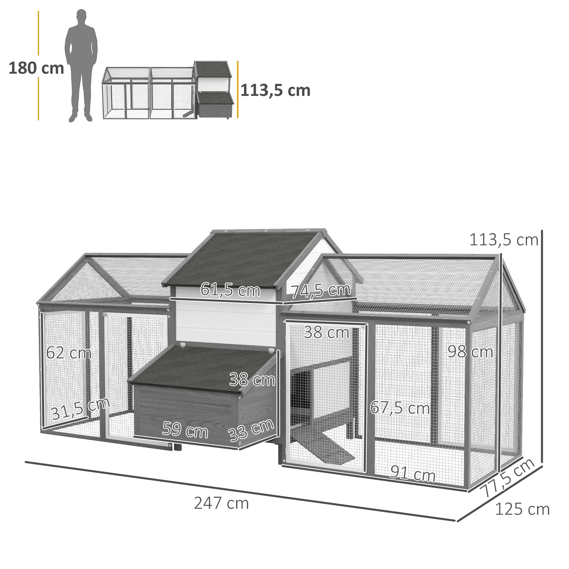 Chicken Coop Wood Chicken House with Nesting Box Poultry Cage with Ramp, Chicken Run with Tray, Gray, 247 x 125 x 113.5 cm