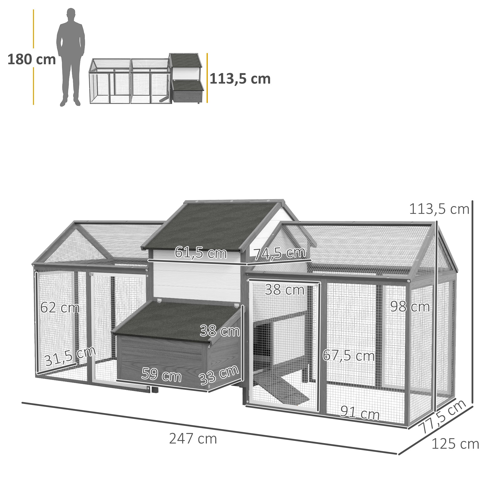 Chicken Coop Wood Chicken House with Nesting Box Poultry Cage with Ramp, Chicken Run with Tray, Gray, 247 x 125 x 113.5 cm