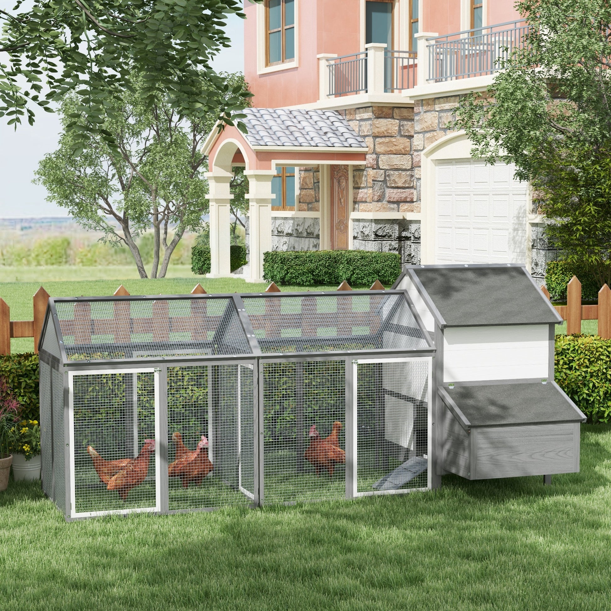 Chicken Coop Wood Chicken House with Nesting Box Poultry Cage with Ramp, Chicken Run with Tray, Gray, 247 x 125 x 113.5 cm