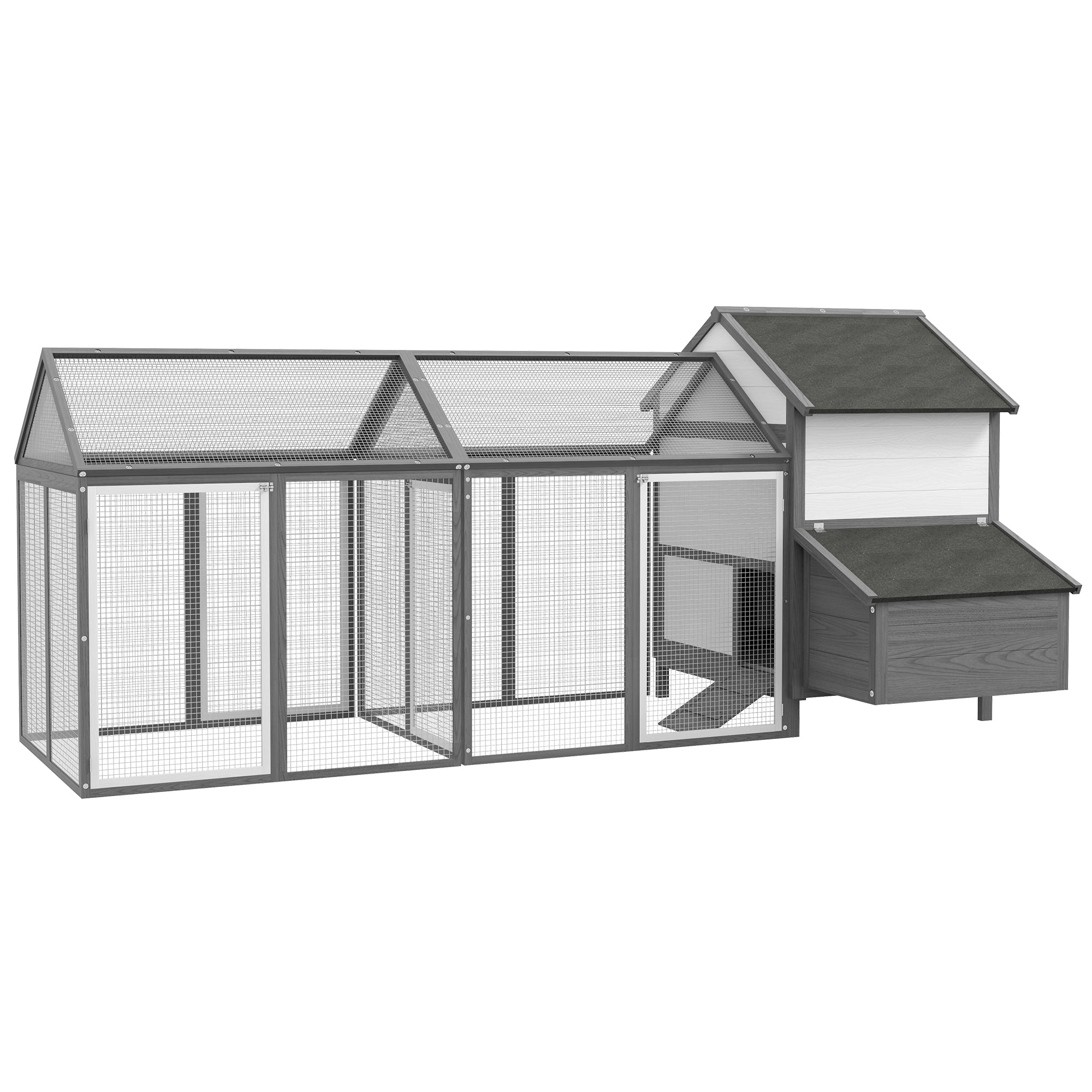 Chicken Coop Wood Chicken House with Nesting Box Poultry Cage with Ramp, Chicken Run with Tray, Gray, 247 x 125 x 113.5 cm