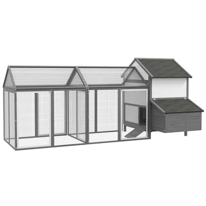Chicken Coop Wood Chicken House with Nesting Box Poultry Cage with Ramp, Chicken Run with Tray, Gray, 247 x 125 x 113.5 cm