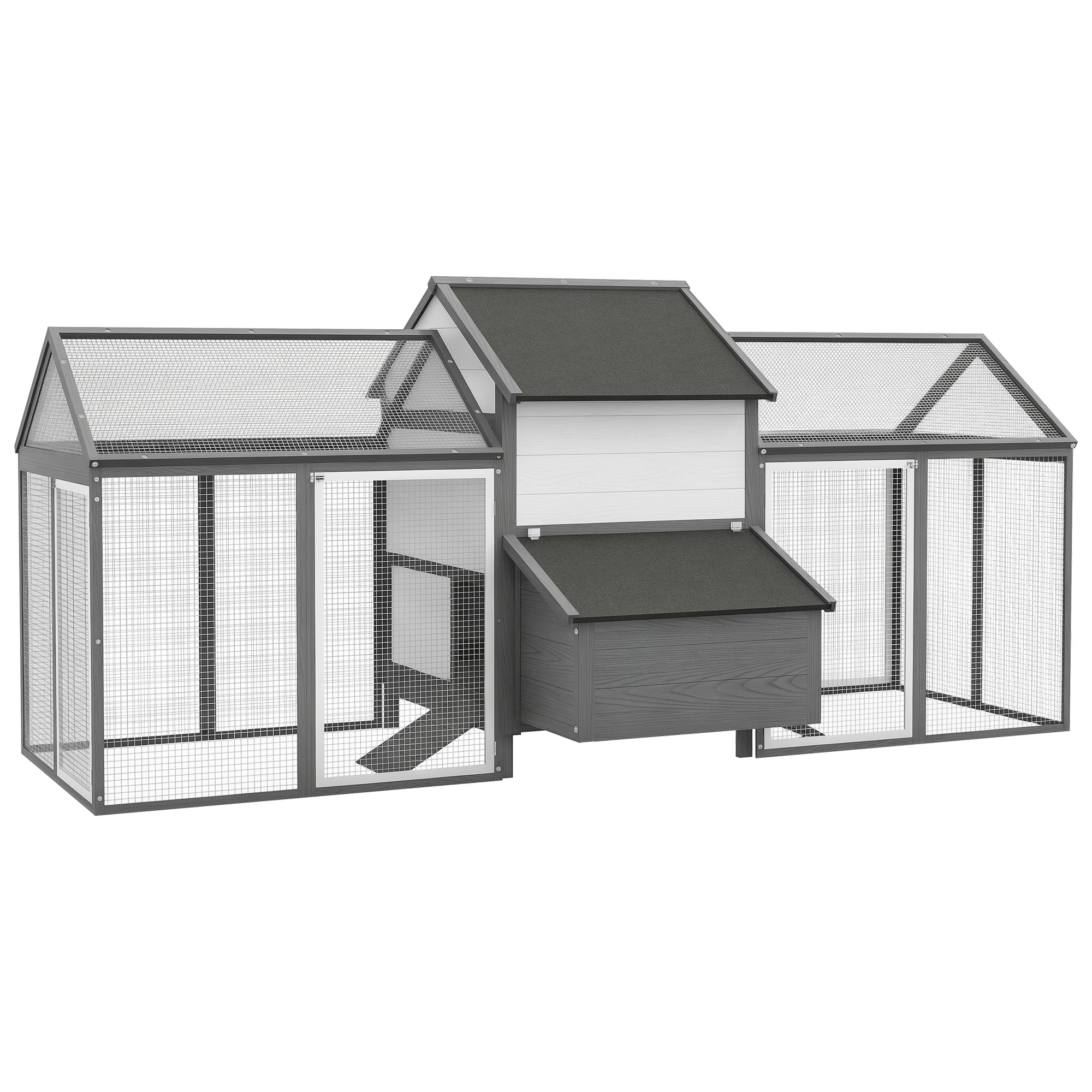 Chicken Coop Wood Chicken House with Nesting Box Poultry Cage with Ramp, Chicken Run with Tray, Gray, 247 x 125 x 113.5 cm