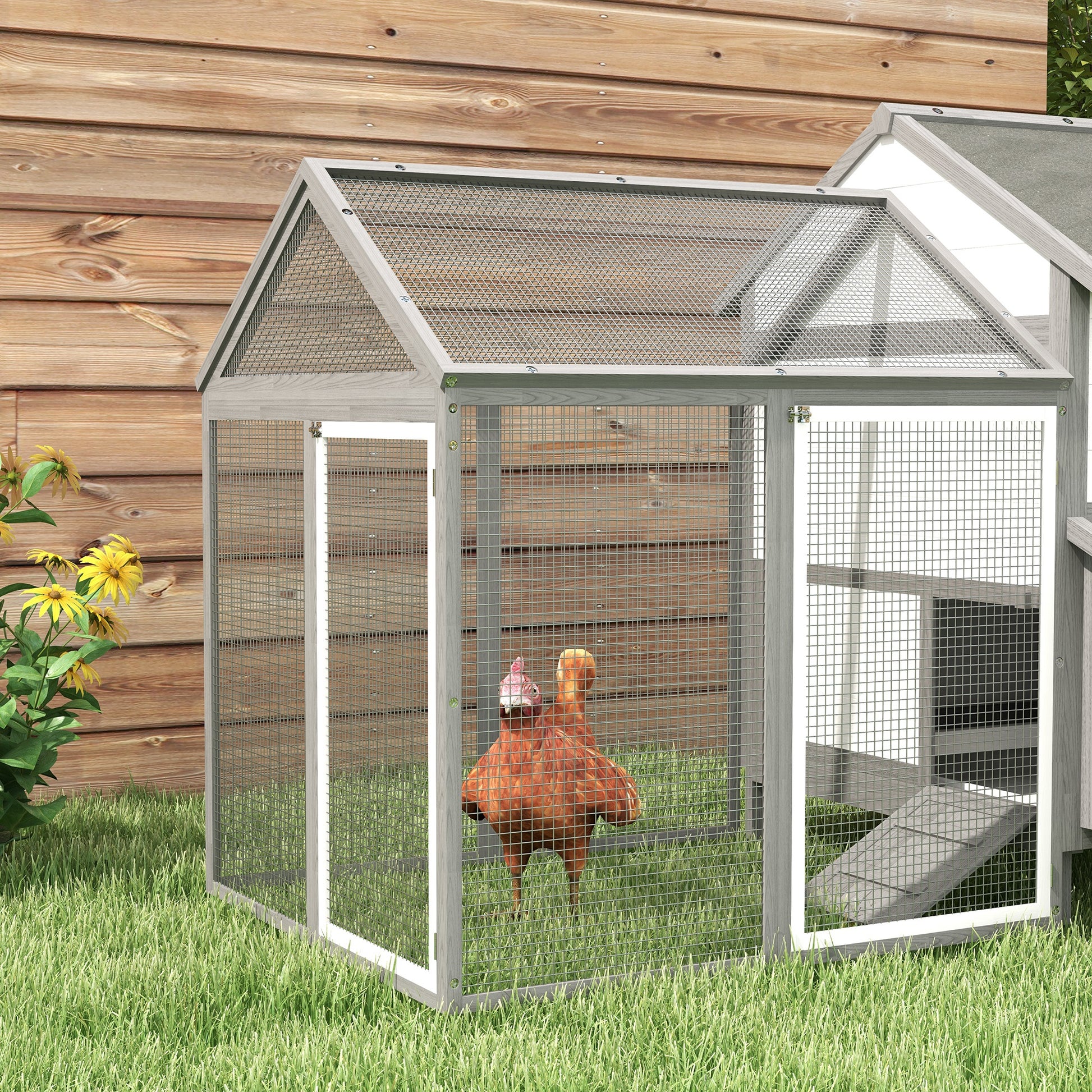 Chicken Coop Wood Chicken House with Nesting Box Poultry Cage with Ramp, Chicken Run with Tray, Gray, 247 x 125 x 113.5 cm