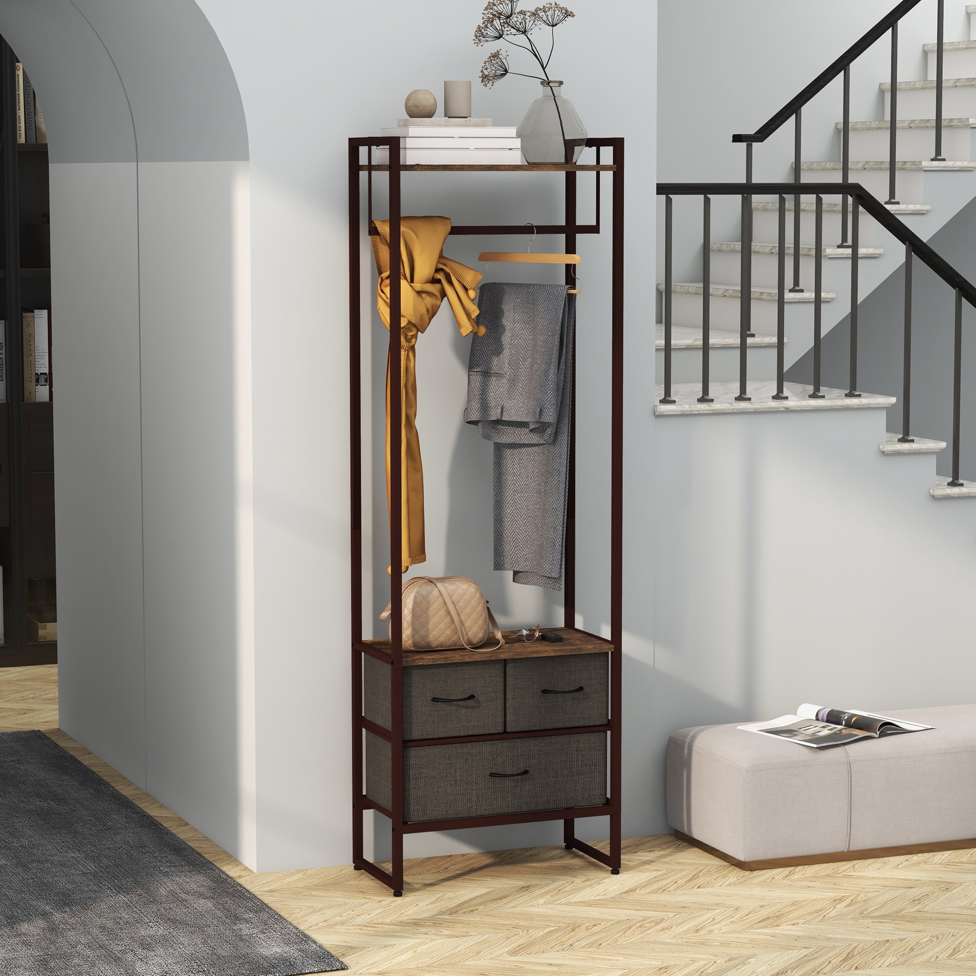 Clothing Rack, Coat Rack, Clothes Rack with 3 Fabric Drawers, Storage Shelves, and Hanging Rod, for Entryway, Bedroom, 58.5 x 30 x 178 cm, Brown