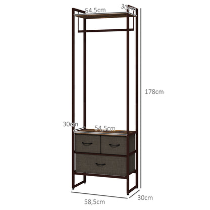 Clothing Rack, Coat Rack, Clothes Rack with 3 Fabric Drawers, Storage Shelves, and Hanging Rod, for Entryway, Bedroom, 58.5 x 30 x 178 cm, Brown