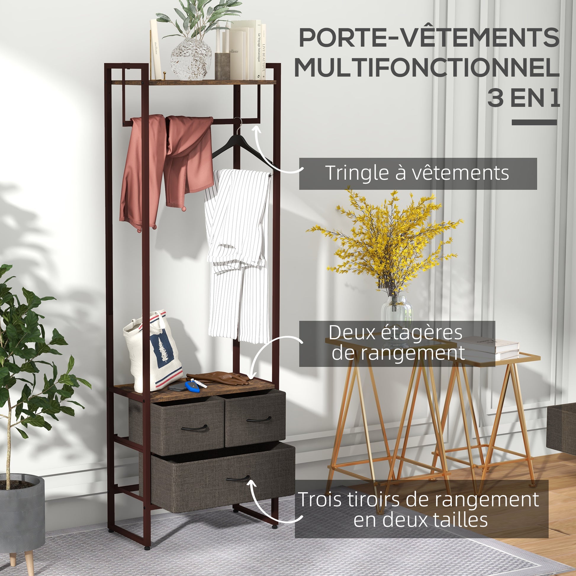 Clothing Rack, Coat Rack, Clothes Rack with 3 Fabric Drawers, Storage Shelves, and Hanging Rod, for Entryway, Bedroom, 58.5 x 30 x 178 cm, Brown