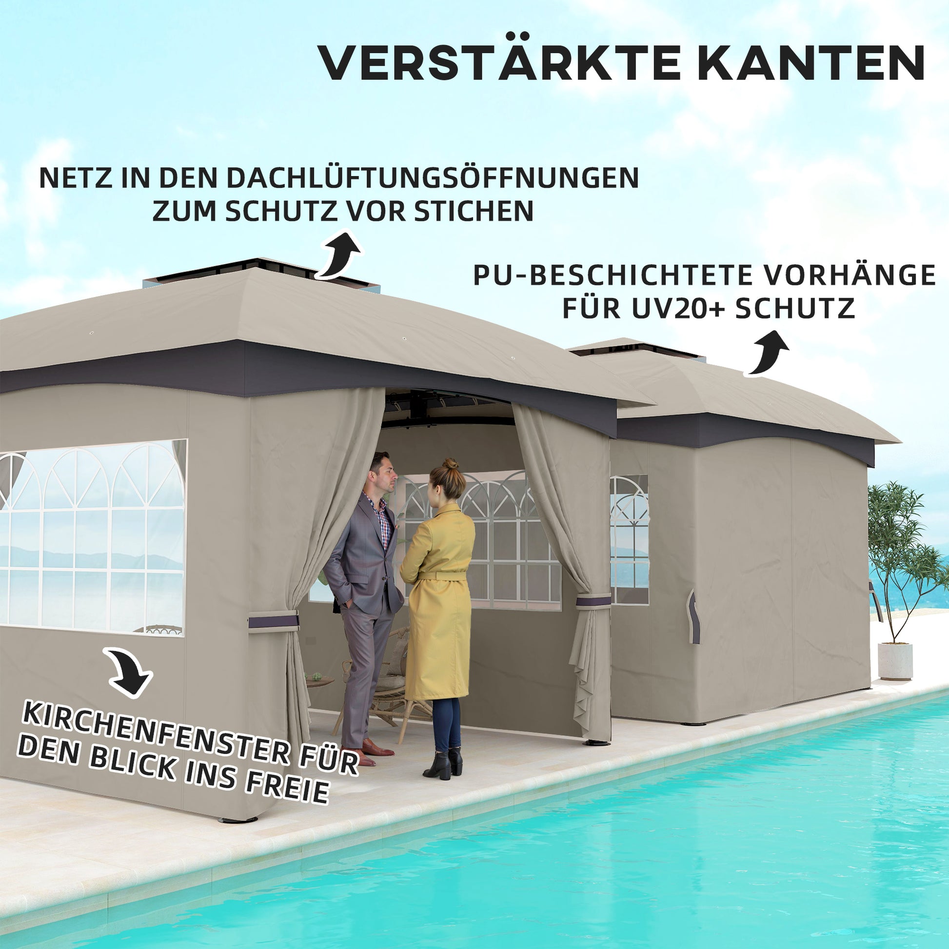 Gazebo approx. 3.4x3.4 m water-resistant Garden Gazebo with 4 Sidewalls, Double Roof, Party Tent with UV Protection Garden Tent with Galvanized Metal Frame, for Garden Light Gray