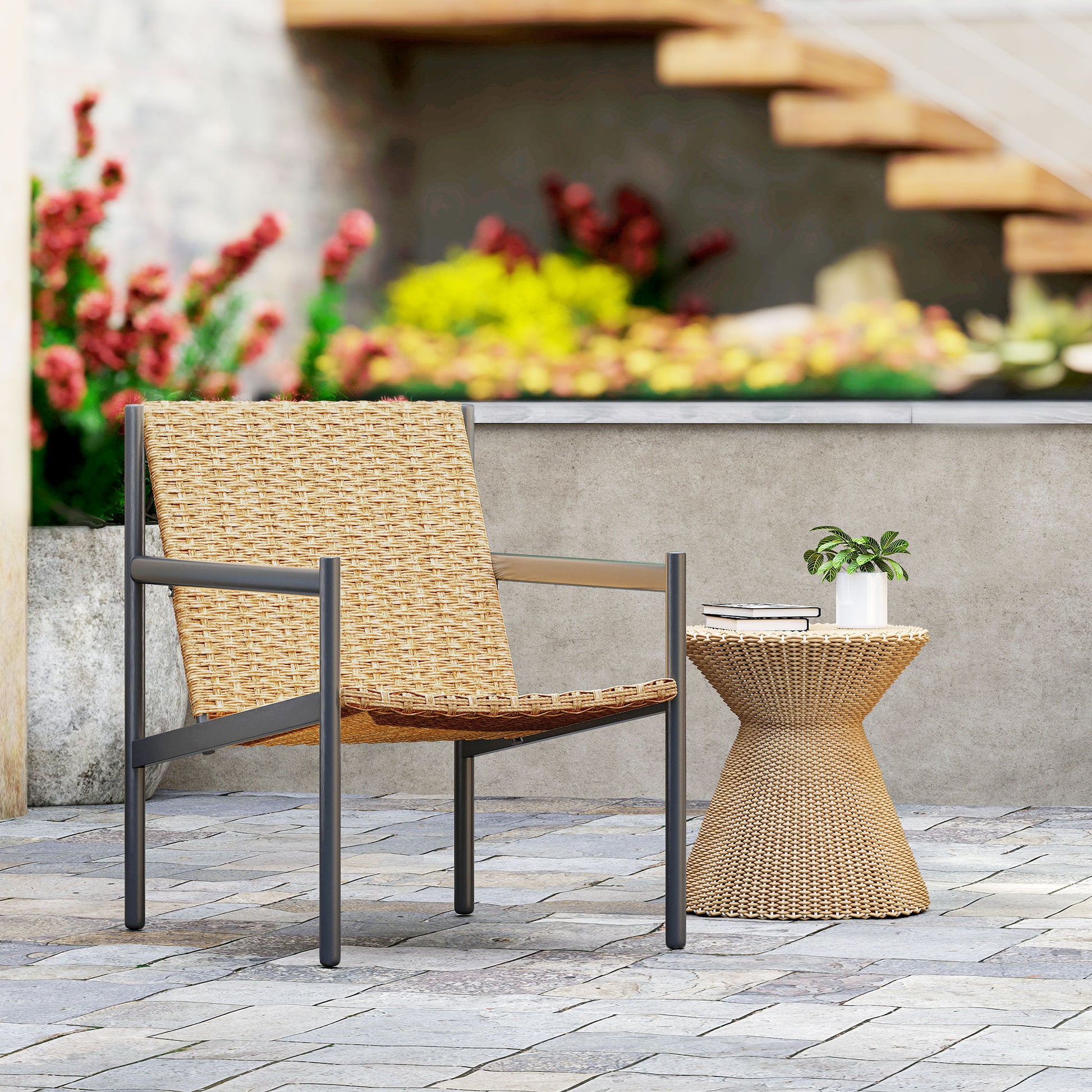 Single Garden Rattan Chair Outdoor Weather-Resistant Chair with Armrests Inclined Backrest and Steel Frame 120 kg Capacity for Terrace Patio Balcony Natural