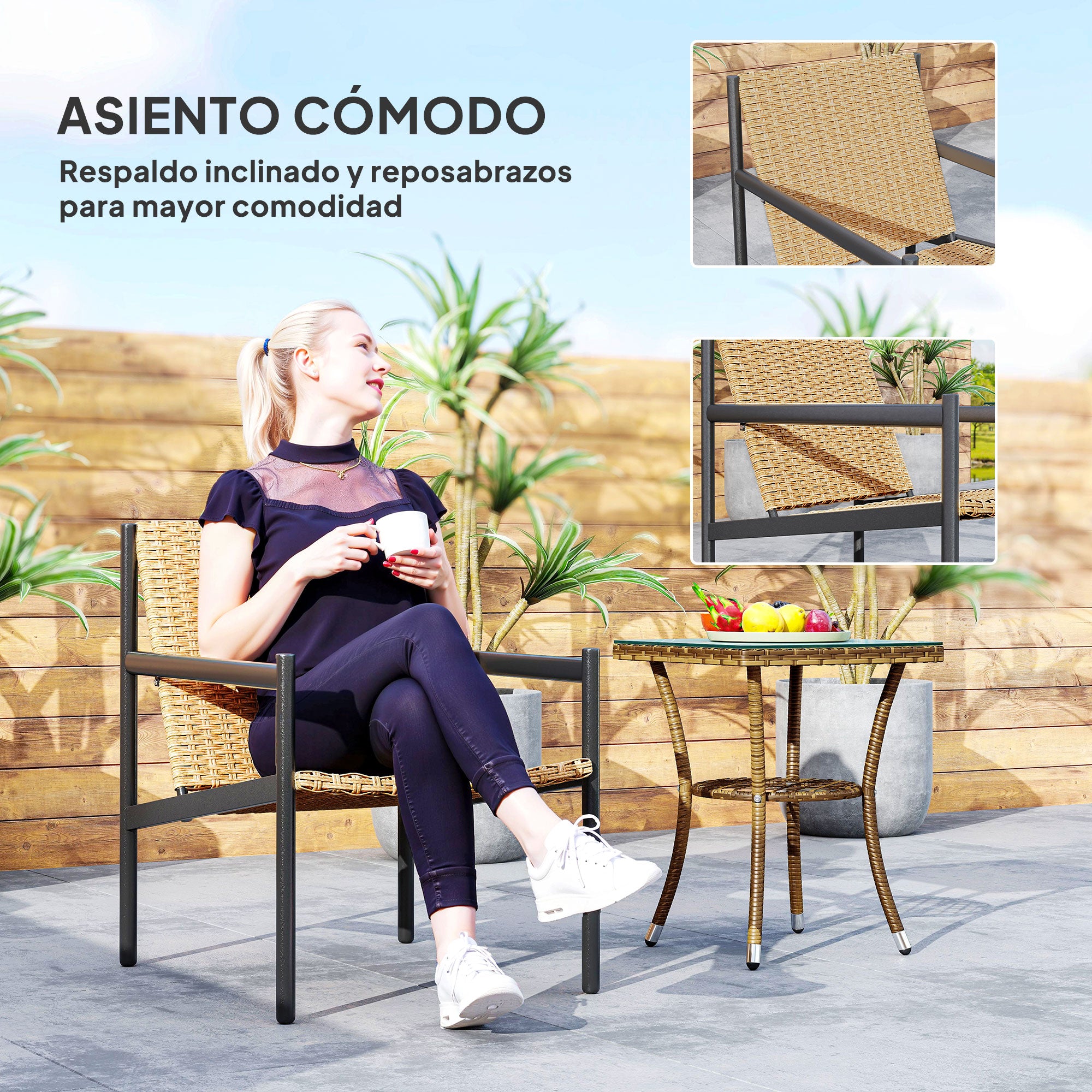 Single Garden Rattan Chair Outdoor Weather-Resistant Chair with Armrests Inclined Backrest and Steel Frame 120 kg Capacity for Terrace Patio Balcony Natural