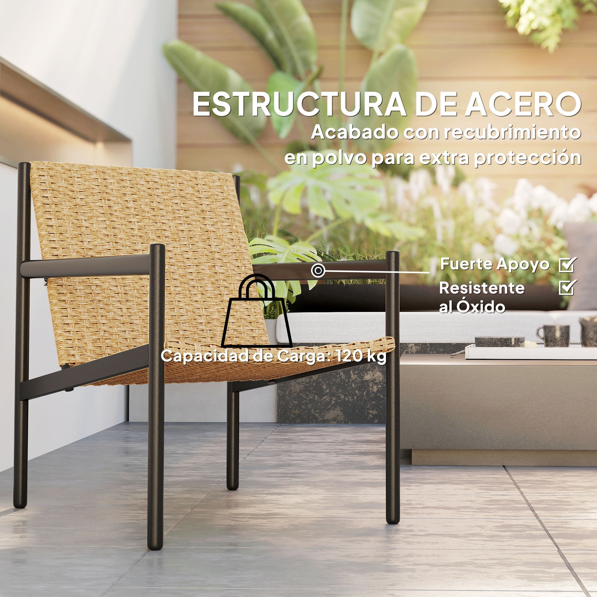 Single Garden Rattan Chair Outdoor Weather-Resistant Chair with Armrests Inclined Backrest and Steel Frame 120 kg Capacity for Terrace Patio Balcony Natural