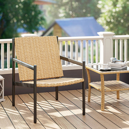 Single Garden Rattan Chair Outdoor Weather-Resistant Chair with Armrests Inclined Backrest and Steel Frame 120 kg Capacity for Terrace Patio Balcony Natural